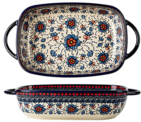 Bicuzat Vintage Style Pottery Bakeware Ceramic Casserole Dish Baking Pan Lasagna Pans Baking Dish with Handles for Oven/Cooking/Kitchen-1 PCS, Large Capacity, 60 OZ