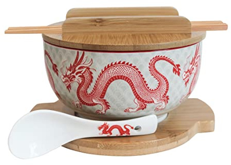 Japanskt keramiskt ramen-nudelskålar set med keramisk sked, bambuätpinnar, lock och grytunderlägg, serveringskapacitet på 958 ml, mikrovågsugnssäker (8,4 cm x 16,8 cm D) (röd drake)