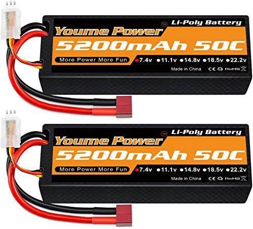 Youme 2S LiPo Akku 7,4V 5200mAh 50C Hardcase T for RC Auto LKW Boot 2Stück | RC Akku 2S 5200mAh Kompatibel mit HPI 1/8 1/10 RC Car Truck Boote, 2 Packungen, Hohe Entladrate, Robustes Hartschalenkoffer