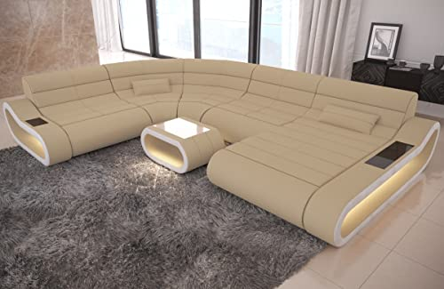 Sofa Dreams XXL Wohnlandschaft Concept - mit LED Beleuchtung, Ottomane/Mikrofaser/Ausrichtung wählbar (Ottomane rechts, Weiss-Beige)