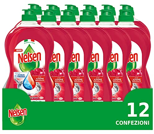 Nelsen Argilla e Melograno, Detersivo per Piatti a mano, sgrassa a fondo con Azione Rinfrescante Sulle Stoviglie, confezione risparmio da 12 flaconi da 850 ml
