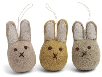 Én Gry & Sif Mini Bunnies/kleine Osterhasen - handgefilzt - Anhänger aus Filz, Ostern-Deko - 3 Stück … B (naturfarben)