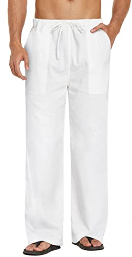 COOFANDY Männer Cotton Yoga Beach Coole Lange Hosen Stretchy Drawstring Taillenhose, 1-Weiß, M