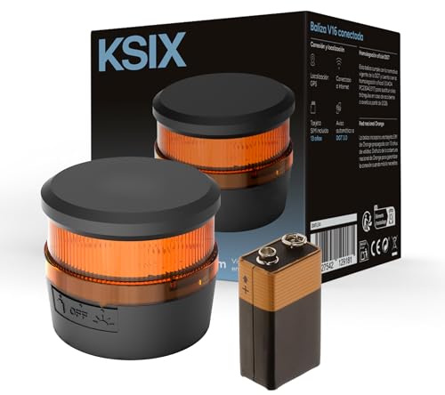 KSIX Safety Light IoT, Luz Emergencia Coche Homologado DGT 3.0, Baliza V16 con Geolocalización y SIM, Sustituye Triángulos Obligatorios, Base Magnética, Visibilidad 1 km, Pila incluida