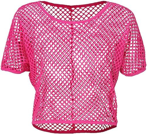 ELFIN Damen Netzshirt Netztop Netzhemd Crop Top 80er Jahre Outfits Karneval Fasching Motto Party Tops Netzoberteil Sommertops, Neon-Pink, XXL