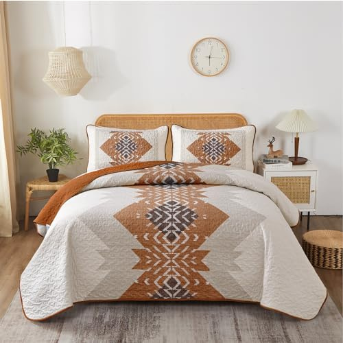 Dintszyayue Boho Quilt Set King Size 3 Pieces Aztec Texture Bedspread Coverlet Set Bohemian Quilt Bedding Set Microfiber Lightweight Bed Cover for All Seasons (Terracotta, 90×103)