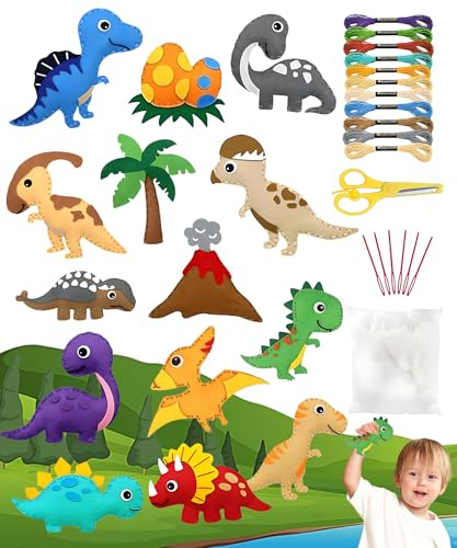 Beiktehy Nähset kinder, Dinosaurier Tierformen Filz Nähen Kinder ab 6 jahre Animals Sewing Kit Filz Bastelset Stickset Nähset Für Kinder Art Craft für Kreative Anfänger Filztiere