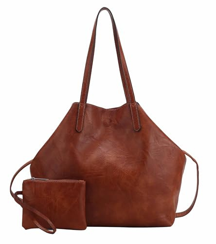 OBC Damen XXL Tasche Set 3in1 Shopper Handtasche Crossbody Hobo Bag Schultertasche Umhängetasche Cross-Over DIN-A4 Damentasche Reisetasche Beuteltasche Leder Optik Cognac