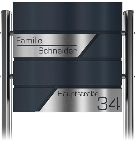 Graviers Design Briefkasten in Anthrazit RAL 7016 mit Standfuß freistehend - Postkasten Edelstahl Schild personalisiert - Briefbox mit Schloss Moderner Standbriefkasten Zeitungsfach