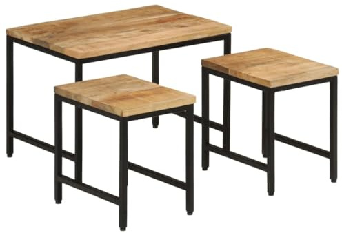 vidaXL Satsbord 3 st massivt massivt grovt mangoträ och järn, sidobord, soffbord, vardagsrumsbord, sido bord, soff bord, vardagsrum bord, träbord