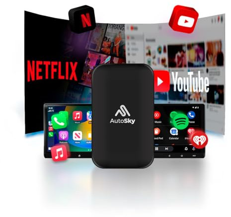 AutoSky AI Box Lite Plus 2.0 – Wireless CarPlay & Android Auto für werkseitig verkabelte Autos, Unterstützt Netflix & YouTube, Kabellos & Plug & Play