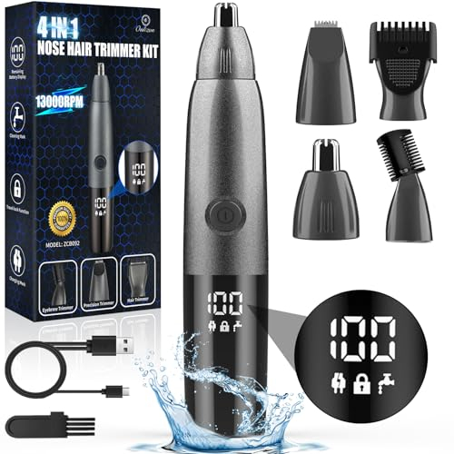 Oukzon Nasenhaartrimmer Herren, 4 in 1 Nasenhaarschneider mit LED Anzeige, USB Wiederaufladbar Ohrhaartrimmer Augenbrauen Esichtshaartrimmer für Männer und Frauen, IPX7 Wasserdicht