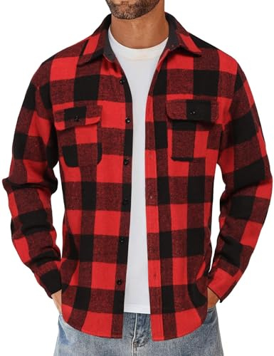 COOFANDY - Camicia in flanella da uomo, a maniche lunghe, a quadri, con tasca sul petto, camicia-giacca, a quadri, per il tempo libero, con vestibilità regolare, camicia tradizionale, da motociclista