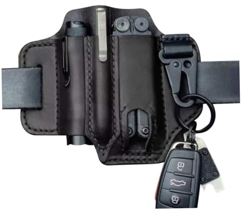 Dbvnnsy Leather Multitool Sheath for Belt Pouch, EDC Leather Belt Pouch with Key Holder, Storage Belt Waist Multitool Sheath for Belt Flashlight, Multitool Pouch for Men Camping (Black)