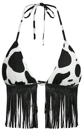 Women Western Cowgirl Fringe Top - Country Concert Outfits Sexy Halter Cow Print Festival Rodeo Rave Tank Shirt(Blackwhite,L,1149a)