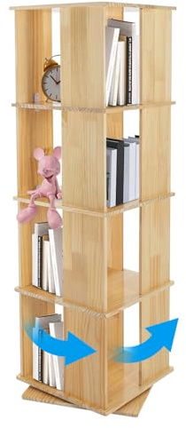 4 Stufiges Bücherregale drehbar Standregal Drehregal 360° schuhregal drehbares Bücherregal kinder rotating bookshelf Display kinderbücherregal bookcase 40*40*127 cm Erwachsene Büro (Holzfarbe)