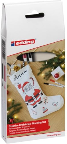 Edding 4600 Textilmarker-Set, Schwarz und Rot, Filzstifte zum Dekorieren von Kleidung, ideal zum Zeichnen von Weihnachtsmannmotiven