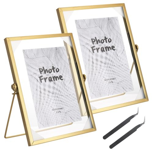 Fegat 2 Stück A5 Bilderrahmen Glas Gold 15x21cm Glasrahmen für Zuhause Büro | Doppelseitiger Glasbilderrahmen Metall Stehend mit Pinzette für Gepresste Blumen Pflanzenprobe Artwork Bild Display Halter