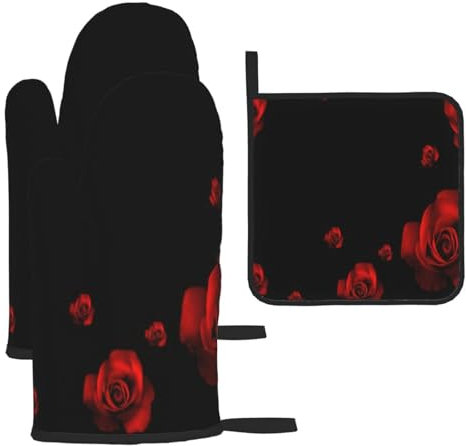 Set di 3 guanti da forno e presine con sfondo nero con rosa rossa, resistenti al calore, regalo da cucina per cucinare