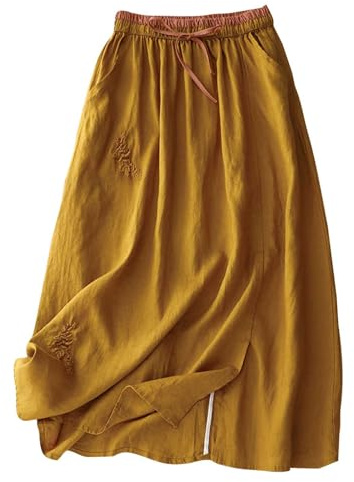 duxyoz Linen Skirts for Women UK Summer Elastic High Waist Loose A Lined Midi Skirt Cotton Linen Embroidery Elegant Casual Office Work Basic Party Dresses for Holiday Going Out Yellow M
