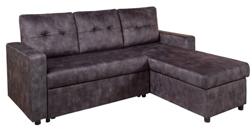 Ecksofa APARTMENT - grau - Samt - Bettfunktion inkl. Stauraum Nosagfederung | Liegefläche 172 x 133 cm, 3 Kissen inklusive, Bettkasten integriert, pflegeleicht