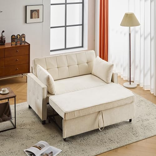 A ALFRESCOOL Sofabett mit Schlaffunktion, Zweisitziges Sofa, Doppelschlafsofa, Verstellbare Rückenlehne, Chenille-Stoff, Hochdichter Schaumstoff, Wohnzimmersofa, Sofa mit Bettfunktion, Beige