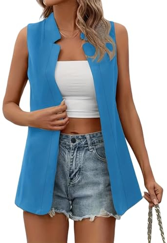 YONGHONGKEJI Smanicato Donna Blazer Senza Maniche Da Donna Lunghezza Media Casual Cardigan Aperto Sul Davanti Elegante Estivo Leggero Da Lavoro Ufficio Spolverino Trench Gilet Blazer Blu S