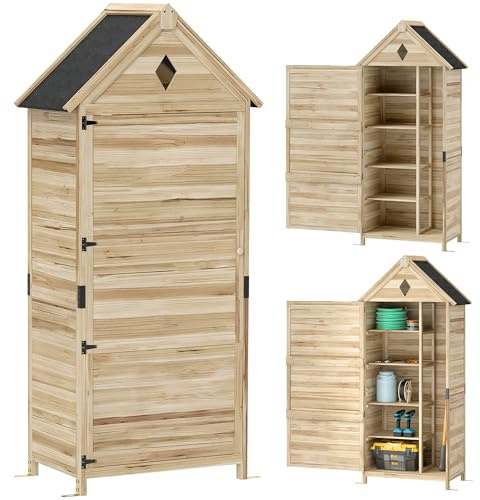 Casetta da giardino in legno Outsunny, casetta per attrezzi impermeabile con tetto a falde in asfalto, porta di stoccaggio 80 x 49 x 170 cm, casetta per attrezzi resistente alle intemperie, casetta