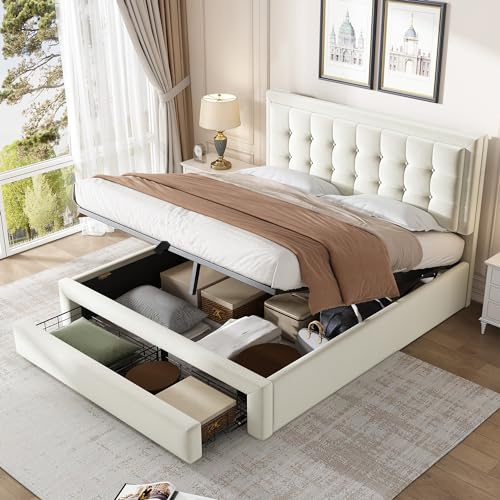 Jtyca Ottoman Double Bed Frame with Storage, Upholstered Bed 4FT6 (135 * 190cm), with Slats and Headboard, Velvet Fabric, Arge Storage Space, Without Mattress, Cream