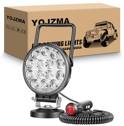 YOJZMA Luz de trabajo LED 4 pulgadas y 42W con base magnética, Floodlight | Enchufe para encendedor 5m, asa portátil, resistente al agua IP67, 12V 24V, inundación para camión/4x4/SUV/ATV/UTV/barco
