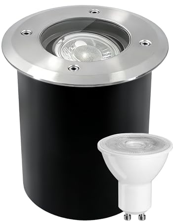 JNR Edelstahl Bodenstrahler Außen IP67 Wasserdicht 230V, Silber | Schwenkbar LED Licht, Bodeneinbaustrahler Aussen mit 5W GU10 3000K Glühbirne, Bodenleuchten Gartenbeleuchtung mit Strom