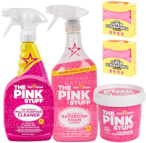 The Pink Stuff Set de Limpieza para el hogar, Limpiador multisuperficie de 850ml, Pasta Limpiadora de 850g, limpiador de baños 850ml, 2 Estropajos