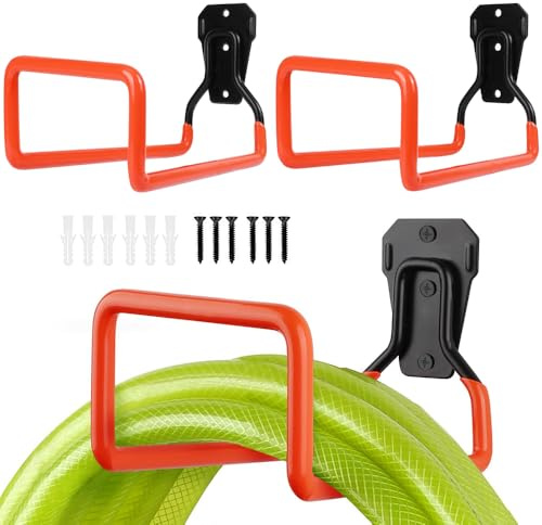 MEISHANG Schlauchhalter Wand,2 Stück Gartenschlauch HalterungGartenschlauchhalter 19.6 * 12.5 cm,Schlauch Aufhänger aus Metall für Schlauchaufhängung,mit 6 Schrauben und 6 Dehnbolzen (orange)