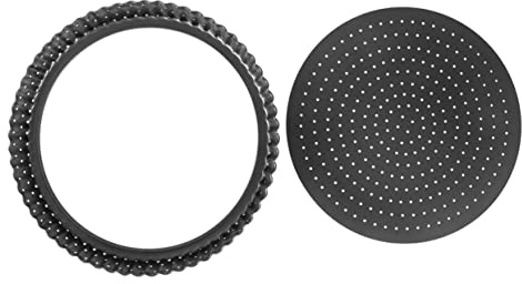 Plaque à Pizza Ronde 9 Pouces en Acier au Carbone Noir, Antiadhésive | Fond Amovible Perforé, Cuisson au Four, Moule à Tarte et Pizza, Format Pratique pour Pâtisserie