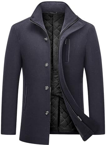 MODFUL Men's Wool Coat Mid Length Warm Casual Overcoat Peacoat Trench Winter Jacket (Navy Blue, L)
