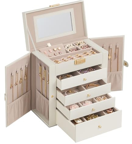 SONGMICS Boîte à Bijoux 5 Niveaux, Écrin à Accessoires avec 4 Tiroirs, Coffre de Rangement, avec Miroir Intérieur, Verrouillable, Rangement pour Bijoux, pour Montres, Blanc Crème JBC153WD03