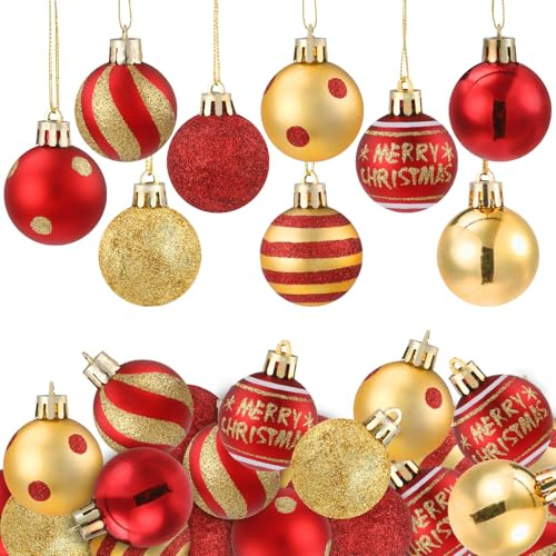 XIMISHOP 36PCS 4cm Christmas Tree Balls Ornaments, 9 Styles Glittering Red Gold Miniature Xmas Balls Baubles Small Shatterproof Christmas Tree Hanging Pendant for Xmas Trees Balls Decorations