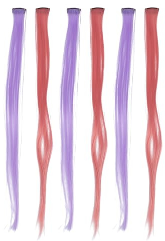 WOONEKY Lot de 6 Postiches Synthétiques Colorés à Clipser Mèches Longues Lisses Pièce Couleurs Rose Poudré et Violet Pastel Extensions Cheveux Colorés pour Coiffure et Cosplay