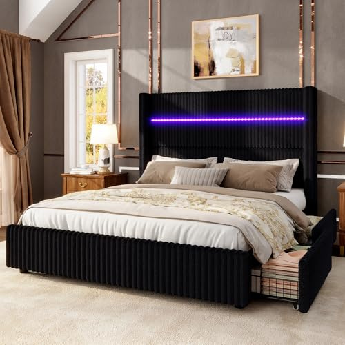 Jocisland King Size Corduroy Upholstered Bed Frame with 4 Storage Drawers & 51.2 Tall Wingback Headboard, LED Platform Bed with Charging Station, Easy Assembly, No Box Spring Needed, Black