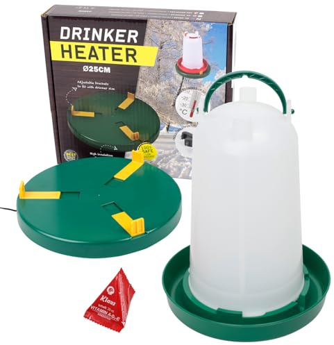 Agrarflora Komplettset: Tränkenwärmer Ø25cm + Geflügeltränke 3 Liter + Vitamine 20ml - Heizplatte für Stülptränken - frostsichere Hühnertränke - Wärmeplatte und winterfeste Tränke