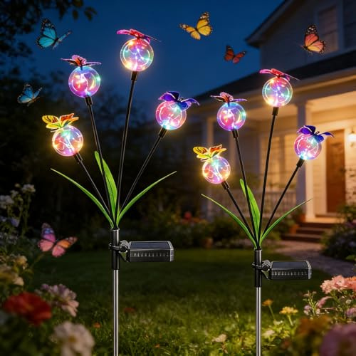 Recitem Schmetterlinge Solarlampen für Außen Garten,2 Stück LED Kugeln Solarleuchten Garten, IP65 Wasserdicht Bunte Schmetterling Deko Lichterkette Solar Gartenstecker für Yard Rasen Terrasse Hof (A)