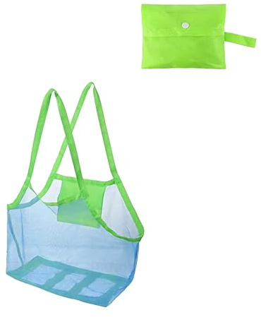 Bolsa Plegable de Malla de Playa, Bolsa de Malla Playa Azul y Verde, 45 x 30 x 45cm, Plegable, Ligera, Espaciosa, Reutilizable, Secado Rápido y Anti Arena, para Vacaciones Familiares, Viajes, Compras