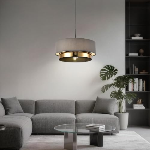 MinteVolt Hängelampe Hellgrau Ø40cm Pendelleuchte mit Stoffschirm | Deckenleuchte Hängend Höhenverstellbare, Doppelring-Design für Esstisch & Wohnzimmer, E27 - blendarmes Licht - ohne Glühbirne
