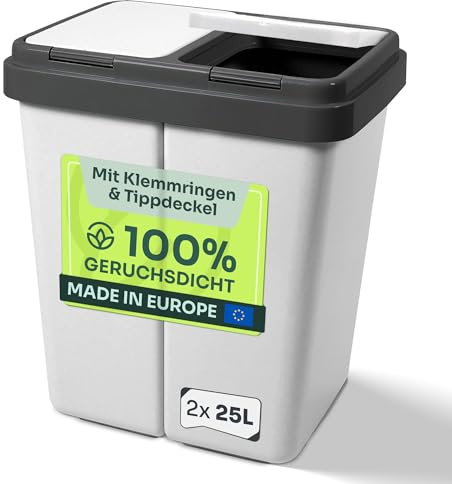 Duo Bin Mülleimer 2x25L Kunststoff mit Deckel hell | Geruchsdichter Abfalleimer, Mülltrennsystem, Inkl. 2 Ersatzfedern, Kücheneimer
