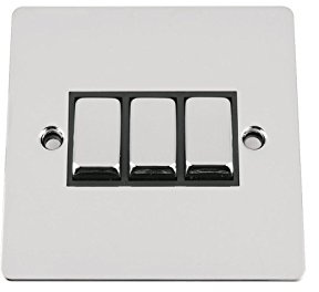 Light Switch 3 Gang 2 Way 10A -Polished Chrome -Flat -Black Insert -Metal Rocker Switch