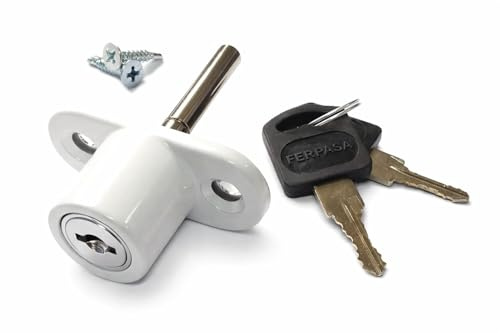 FERPASA® - Cerradura de Seguridad para Ventanas Correderas – Cierre de Sobreponer de Acero en Acabado Blanco con 2 Llaves y Tornillería (53,5 x 23,5 mm)