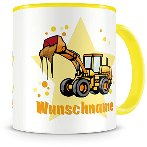 Samunshi® Kindertasse mit Namen Tasse Radlader Personalisierte Tasse mit Namen Kinder Kinderbecher Text personalisiert Kindergarten gelb 300ml
