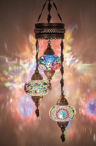 DEMMEX Turkish Moroccan Mosaic Hardwired Ceiling Chandelier Light, Handmade 3-Globe Hanging Pendant Lamp, Boho Mosaic Glass, 105 cm Height, Customisable