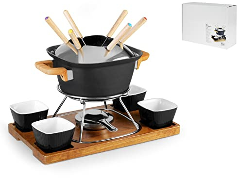 H&h servizio fonduta in alluminio 15pezzi nero base in legno
