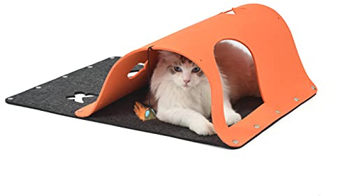 PETULANE Spielmatte für Katzen, 2 Stück, Haustierteppich, Katzentunnel, für Innenräume, Katzen, kuscheliges Übungszelt, Katzenspielzeug, Maus, Katzenminze, Stimulation, Kätzchen, faltbar, Orange